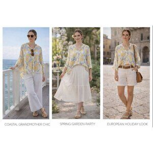 Italian Silk Floral Blouse XL Yellow Gray Sheer Resort Coastal Grandmother